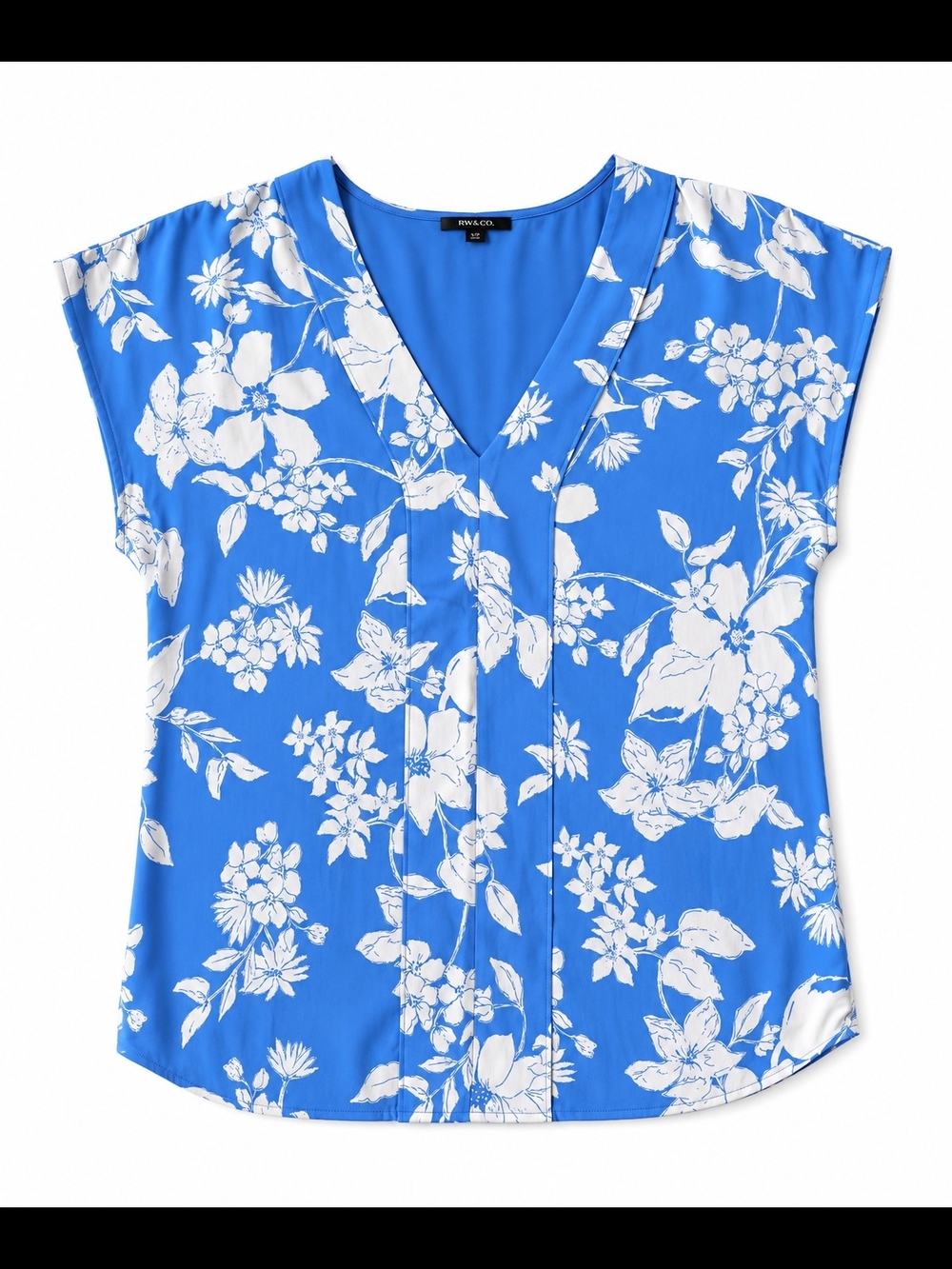 RW&CO. Blue and White Floral V-Neck Blouse